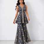 Midnight blue mirror work peplum top and gharara set, Aina Karée