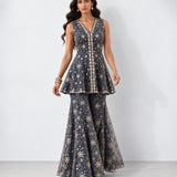 Midnight blue mirror work peplum top and gharara set, Aina Karée