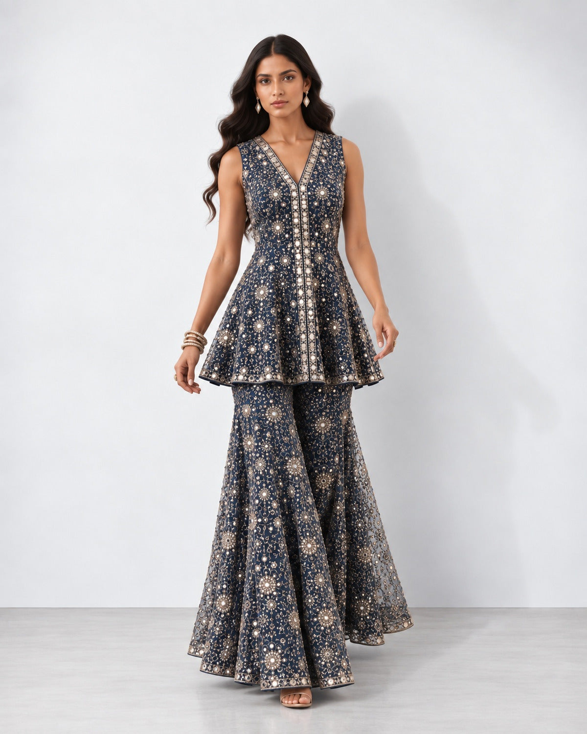 Midnight blue mirror work peplum top and gharara set, Aina Karée
