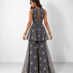 Midnight blue mirror work peplum top and gharara set, Aina Karée – view 2