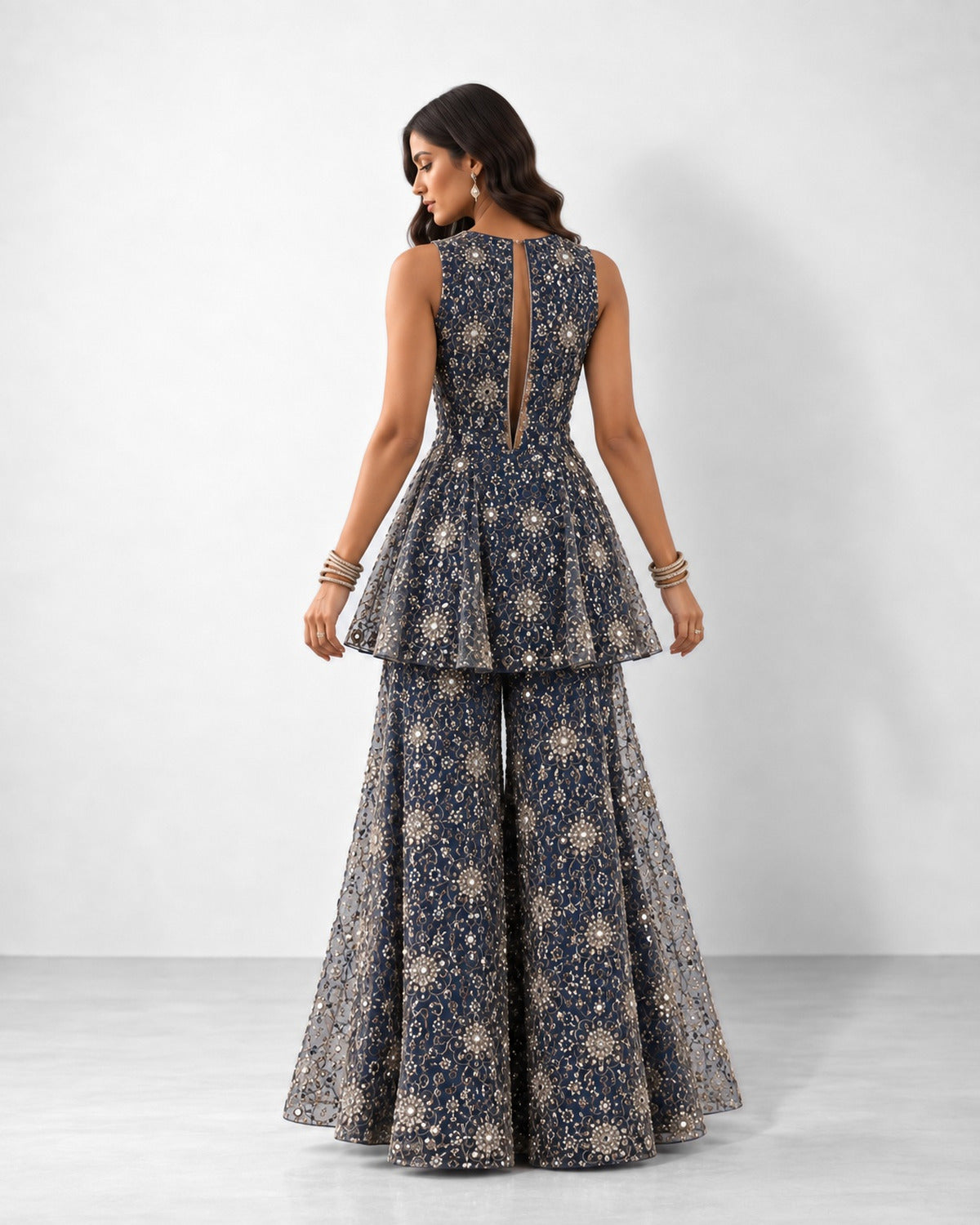 Midnight blue mirror work peplum top and gharara set, Aina Karée – view 2