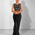 Black mirror work crop top and draped skirt set, Aina Karée