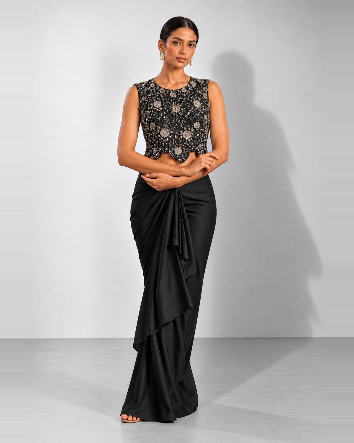 Black mirror work crop top and draped skirt set, Aina Karée