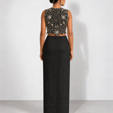 Black mirror work crop top and draped skirt set, Aina Karée – view 2