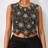 Black mirror work crop top and draped skirt set, Aina Karée – view 3