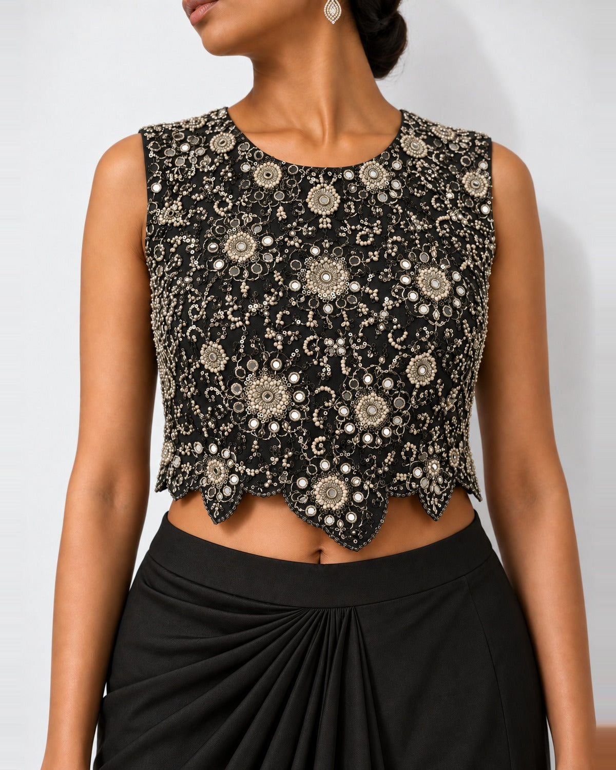 Black mirror work crop top and draped skirt set, Aina Karée – view 3