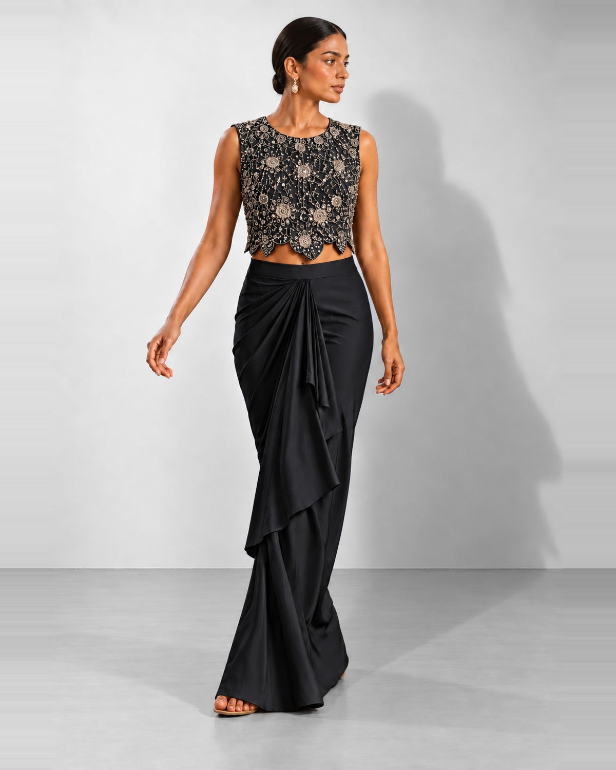 Black mirror work crop top and draped skirt set, Aina Karée – view 4