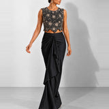 Black mirror work crop top and draped skirt set, Aina Karée – view 4