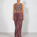 Soft plum mirror work crop top and draped skirt set, Aina Karée