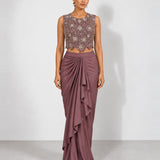 Soft plum mirror work crop top and draped skirt set, Aina Karée