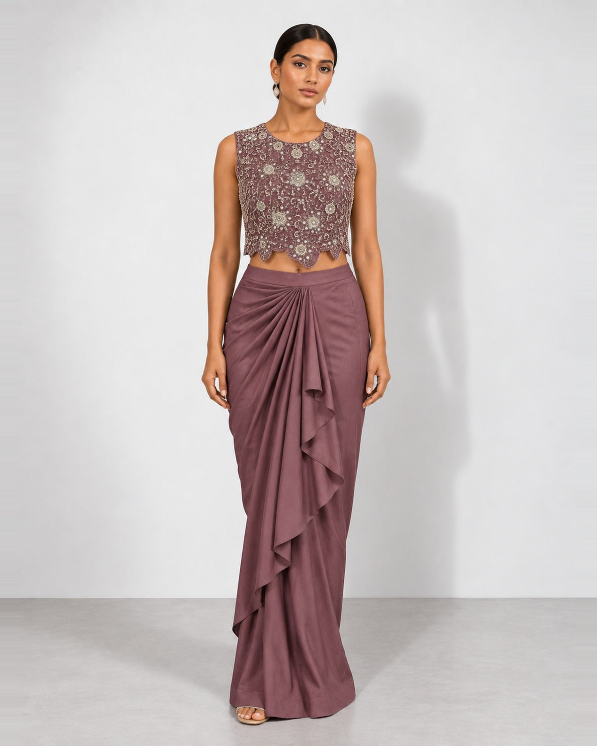 Soft plum mirror work crop top and draped skirt set, Aina Karée