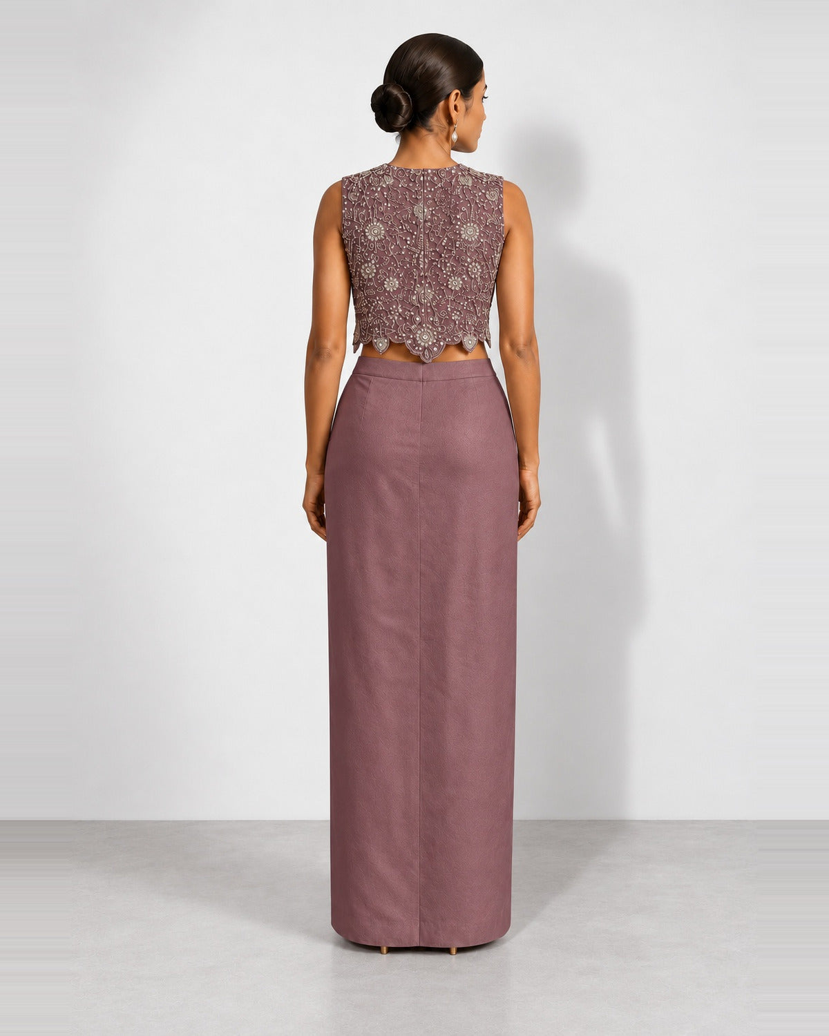 Soft plum mirror work crop top and draped skirt set, Aina Karée – view 2