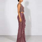 Soft plum mirror work crop top and draped skirt set, Aina Karée – view 3