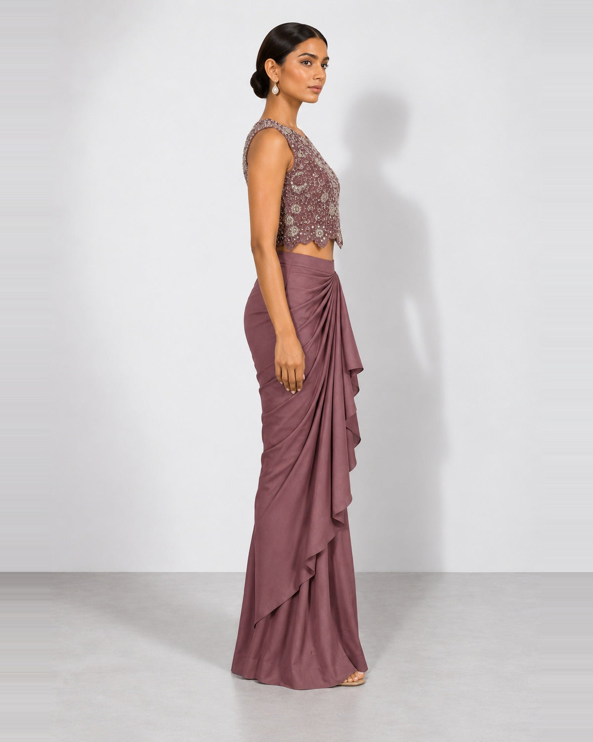 Soft plum mirror work crop top and draped skirt set, Aina Karée – view 3