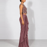 Soft plum mirror work crop top and draped skirt set, Aina Karée – view 3