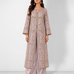Mauve pink mirror work long jaal jacket and wide-leg pant set, Aina Karée