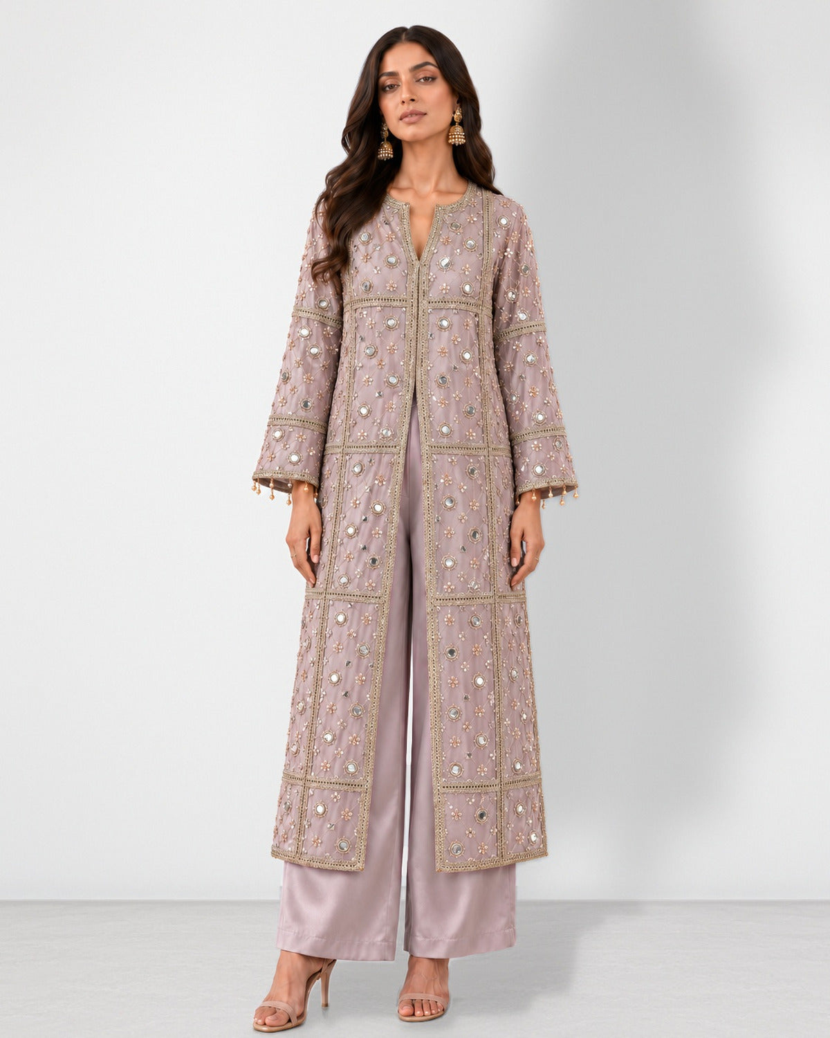 Mauve pink mirror work long jaal jacket and wide-leg pant set, Aina Karée