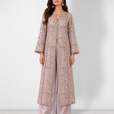 Mauve pink mirror work long jaal jacket and wide-leg pant set, Aina Karée