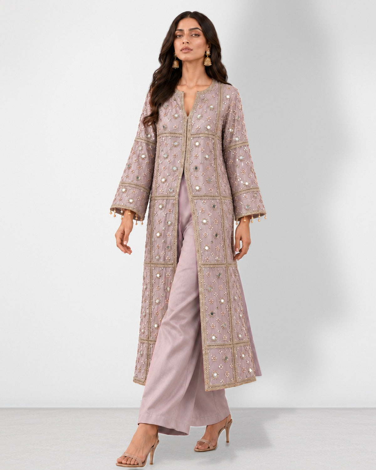 Mauve pink mirror work long jaal jacket and wide-leg pant set, Aina Karée – view 2