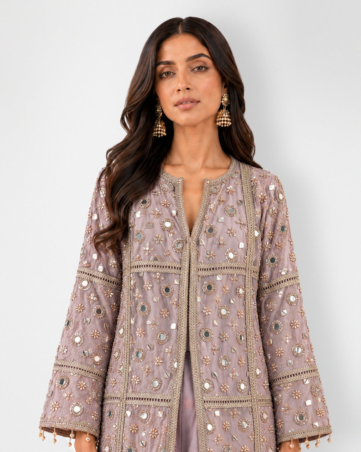 Mauve pink mirror work long jaal jacket and wide-leg pant set, Aina Karée – view 3