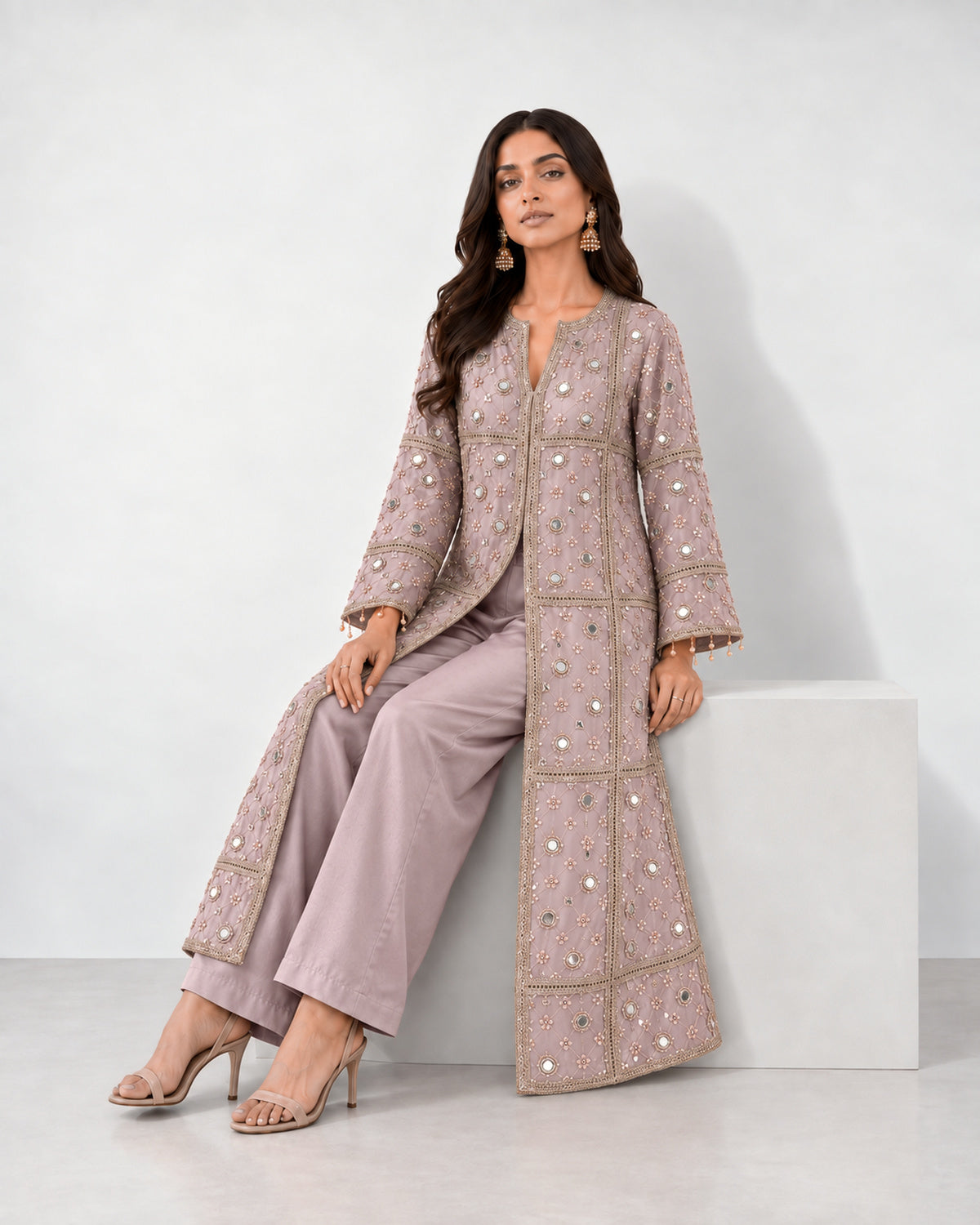 Mauve pink mirror work long jaal jacket and wide-leg pant set, Aina Karée – view 4