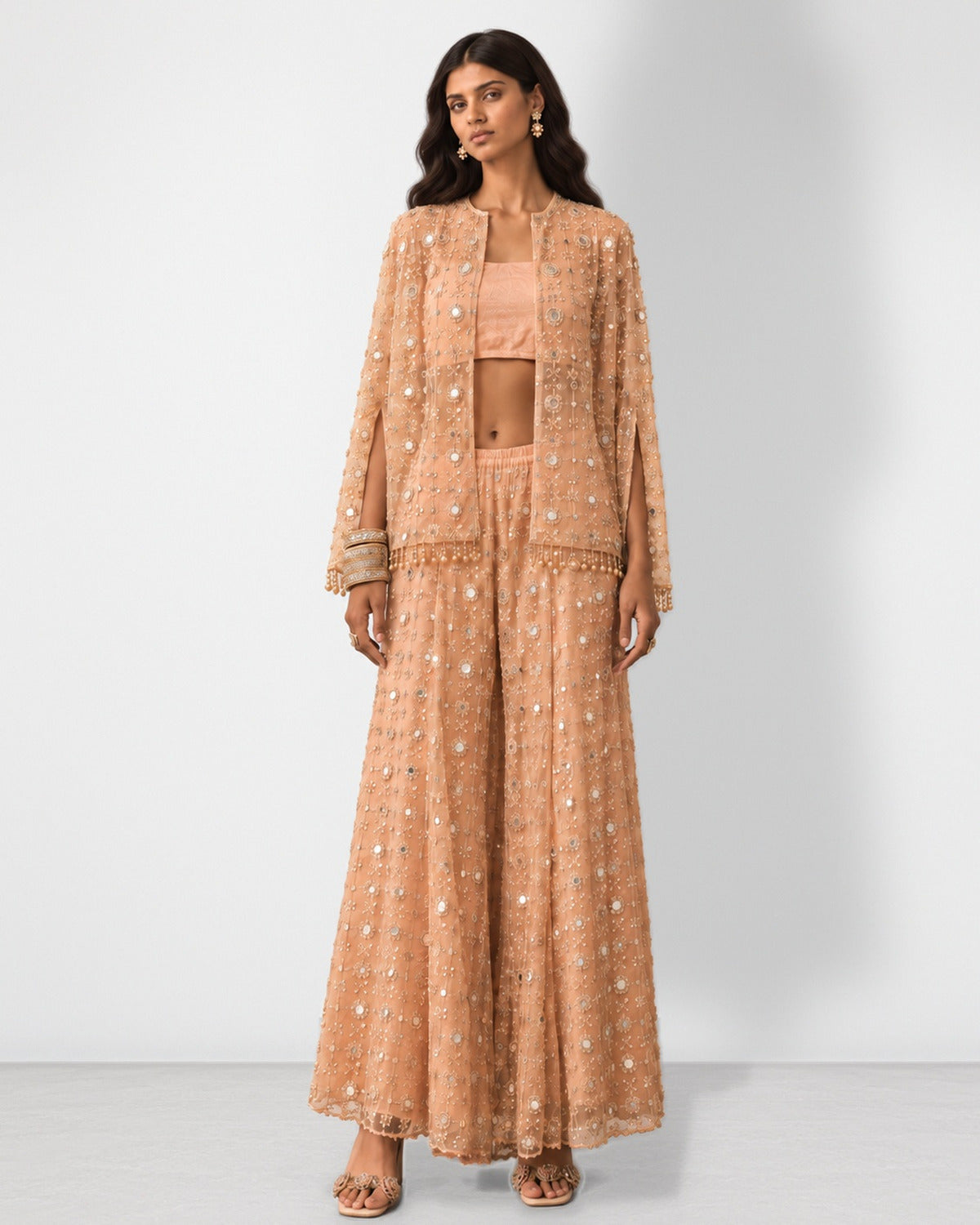 Peach mirror work short cape, bandeau and sharara set, Aina Karée