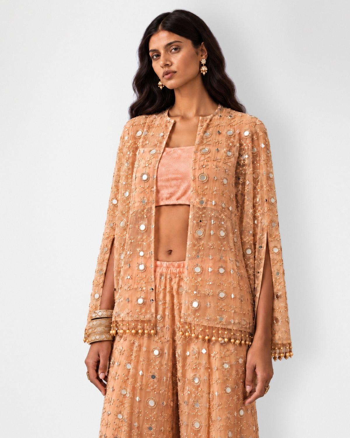 Peach mirror work short cape, bandeau and sharara set, Aina Karée – view 2