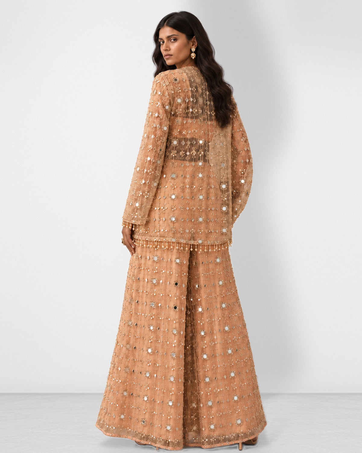Peach mirror work short cape, bandeau and sharara set, Aina Karée – view 3