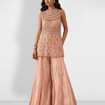Peach nude beaded mirror work top and sharara set, Aina Karée