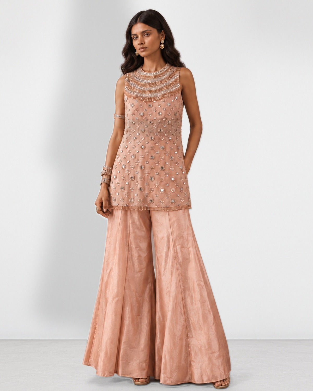 Peach nude beaded mirror work top and sharara set, Aina Karée