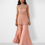 Peach nude beaded mirror work top and sharara set, Aina Karée – view 2