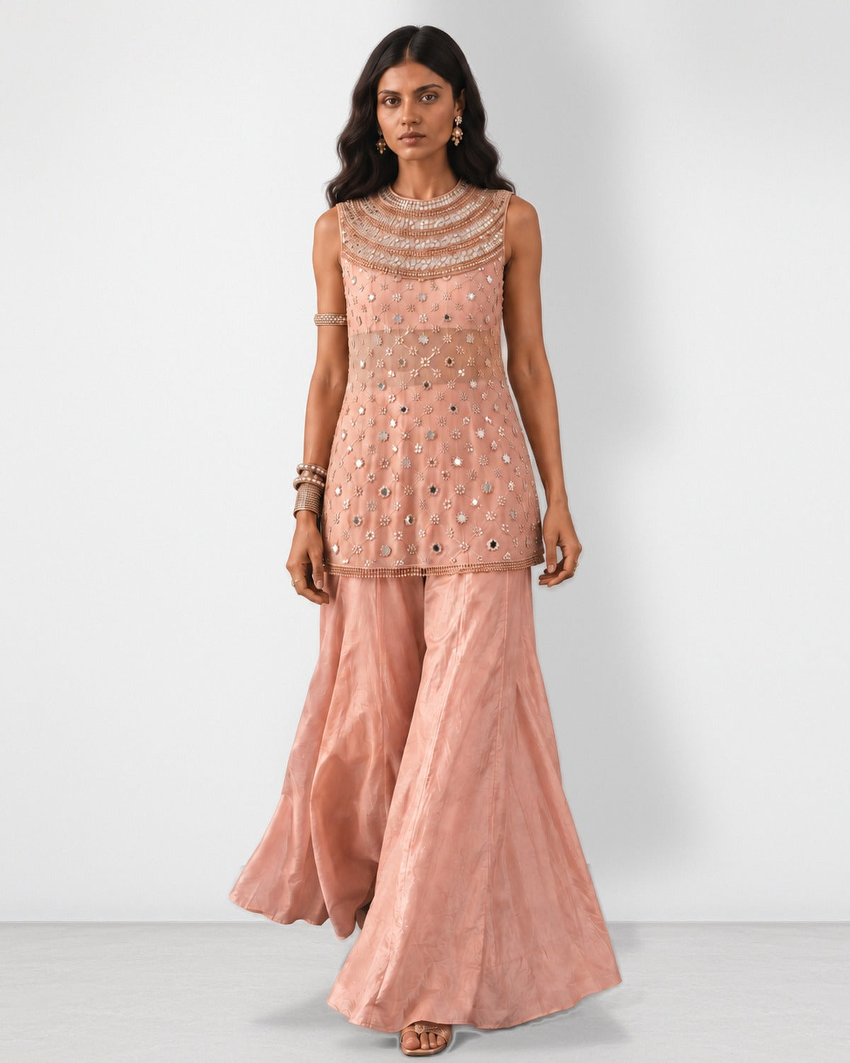 Peach nude beaded mirror work top and sharara set, Aina Karée – view 2