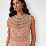 Peach nude beaded mirror work top and sharara set, Aina Karée – view 3