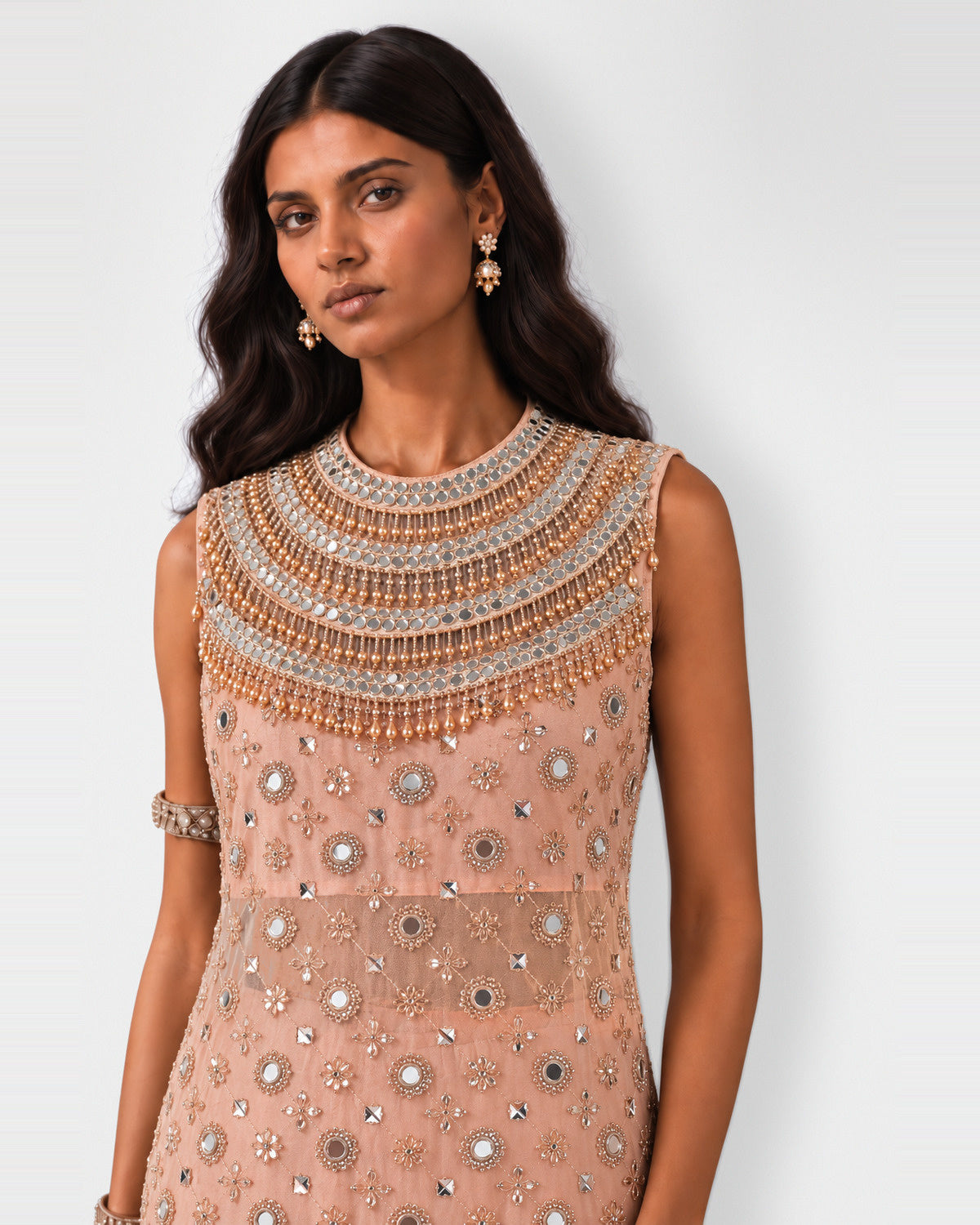 Peach nude beaded mirror work top and sharara set, Aina Karée – view 3