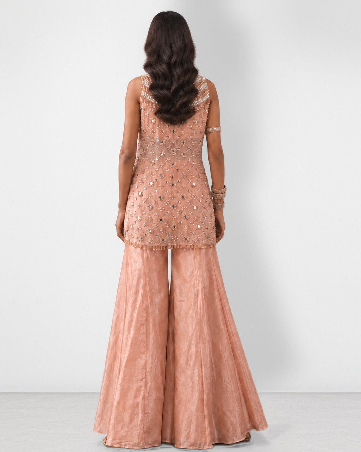 Peach nude beaded mirror work top and sharara set, Aina Karée – view 4
