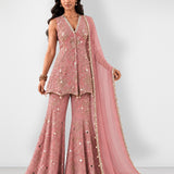Dark pink mirror work kurta and scalloped sharara set, Aina Karée