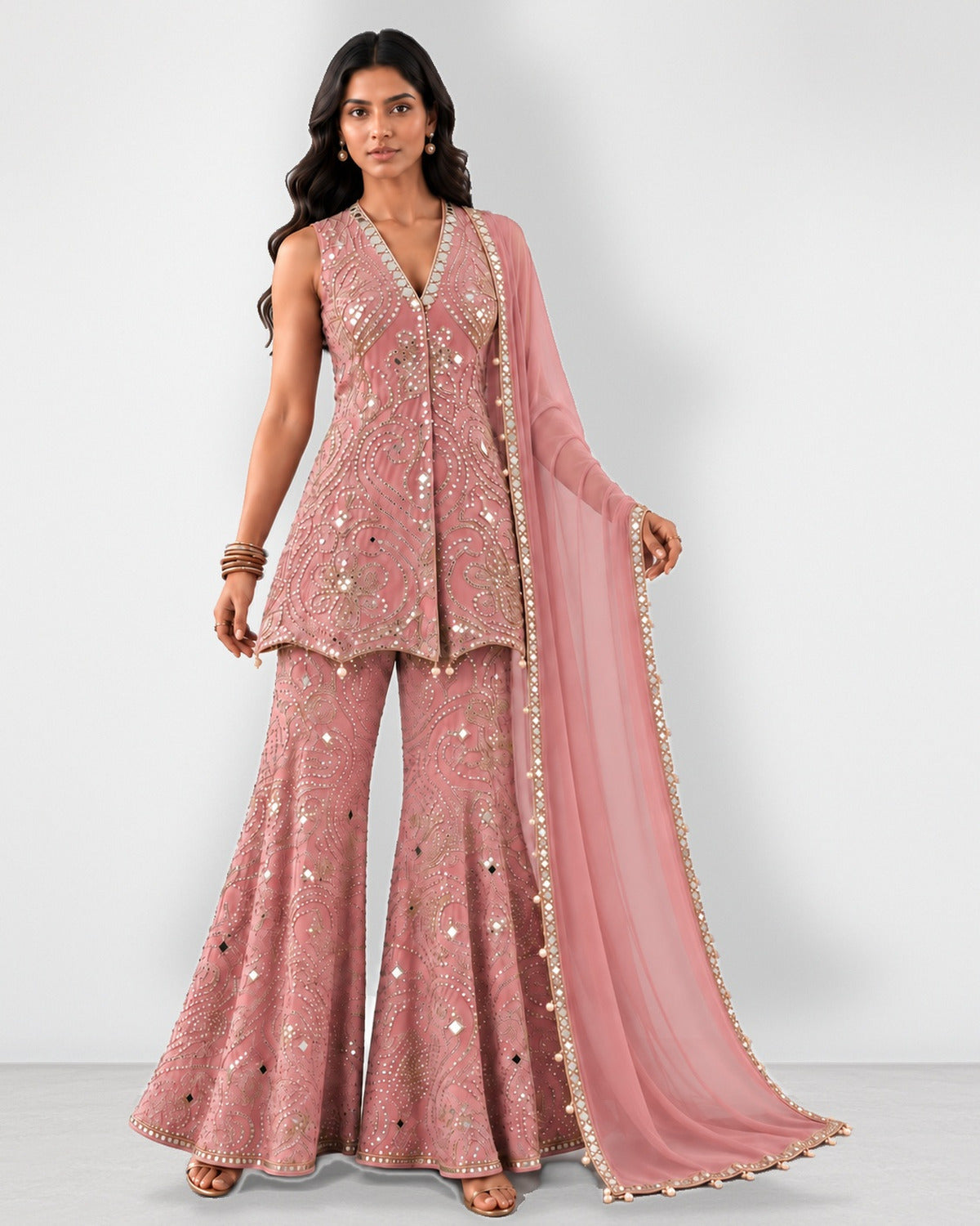Dark pink mirror work kurta and scalloped sharara set, Aina Karée