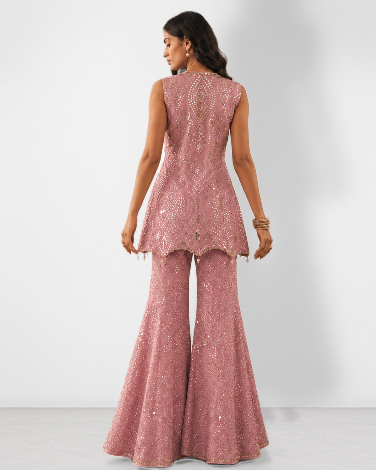 Dark pink mirror work kurta and scalloped sharara set, Aina Karée – view 2