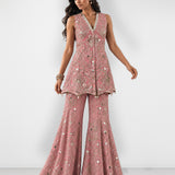 Dark pink mirror work kurta and scalloped sharara set, Aina Karée – view 5