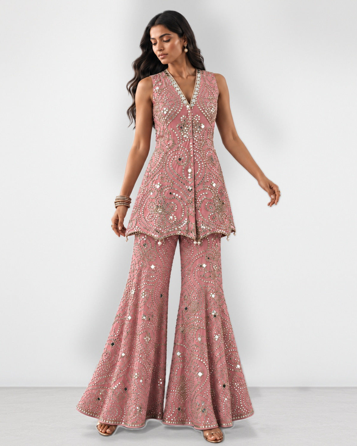 Dark pink mirror work kurta and scalloped sharara set, Aina Karée – view 5