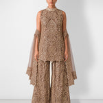 Dark brown high-collar mirror work tunic and wide-leg pant set, Aina Karée