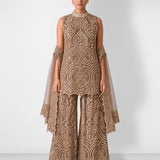 Dark brown high-collar mirror work tunic and wide-leg pant set, Aina Karée