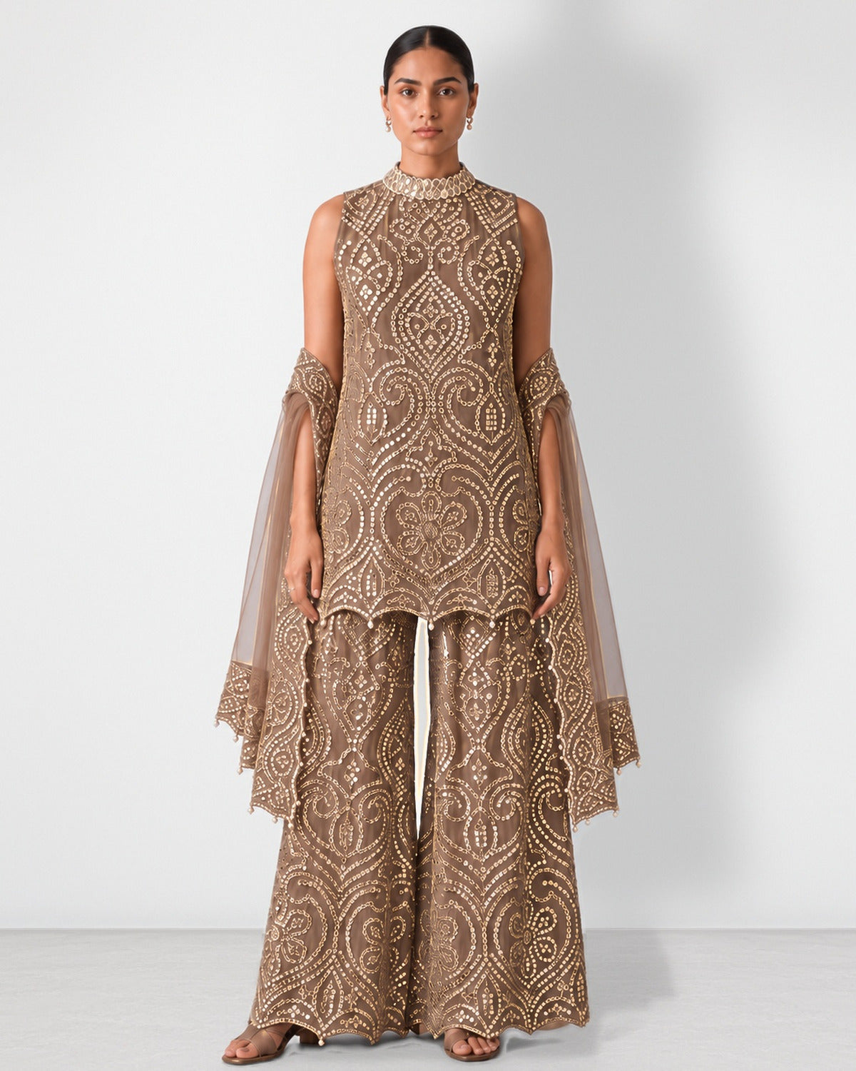 Dark brown high-collar mirror work tunic and wide-leg pant set, Aina Karée