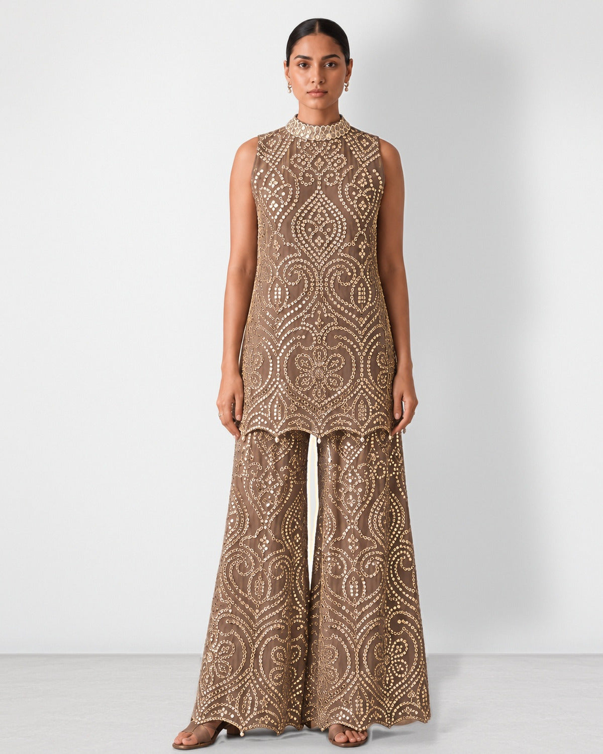 Dark brown high-collar mirror work tunic and wide-leg pant set, Aina Karée – view 2