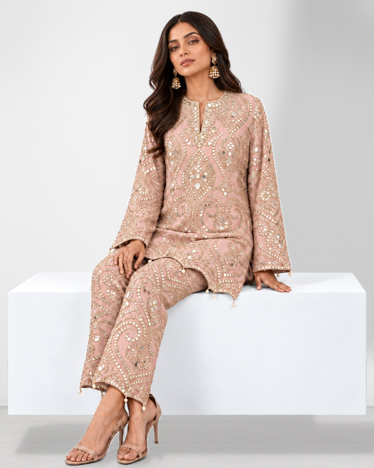 Light pink mirror work tunic and wide-leg pant set, Aina Karée