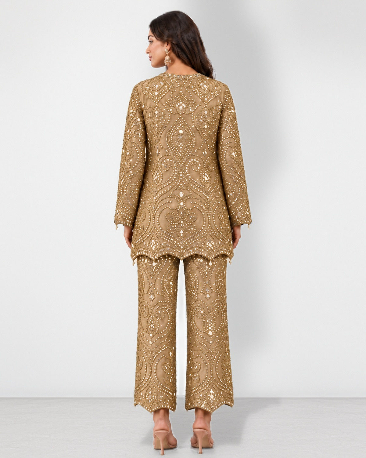 Gold mirror work tunic and wide-leg pant set, Aina Karée – view 3