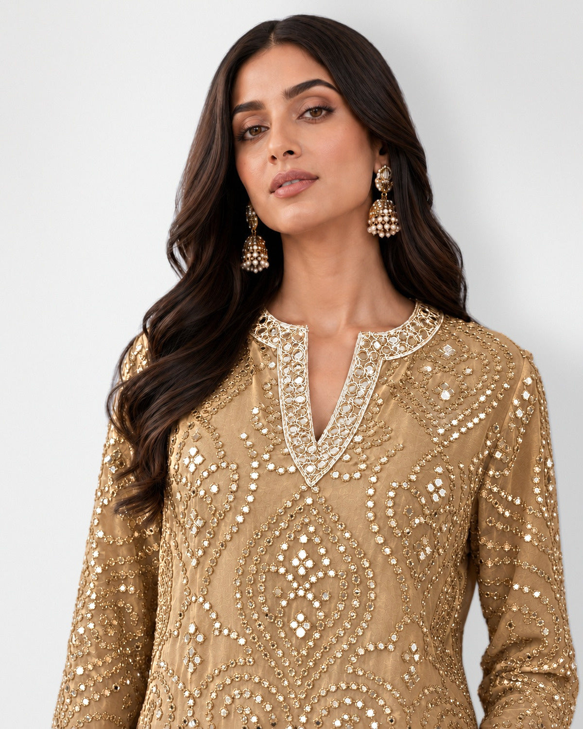 Gold mirror work tunic and wide-leg pant set, Aina Karée – view 2