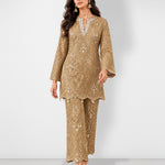 Gold mirror work tunic and wide-leg pant set, Aina Karée