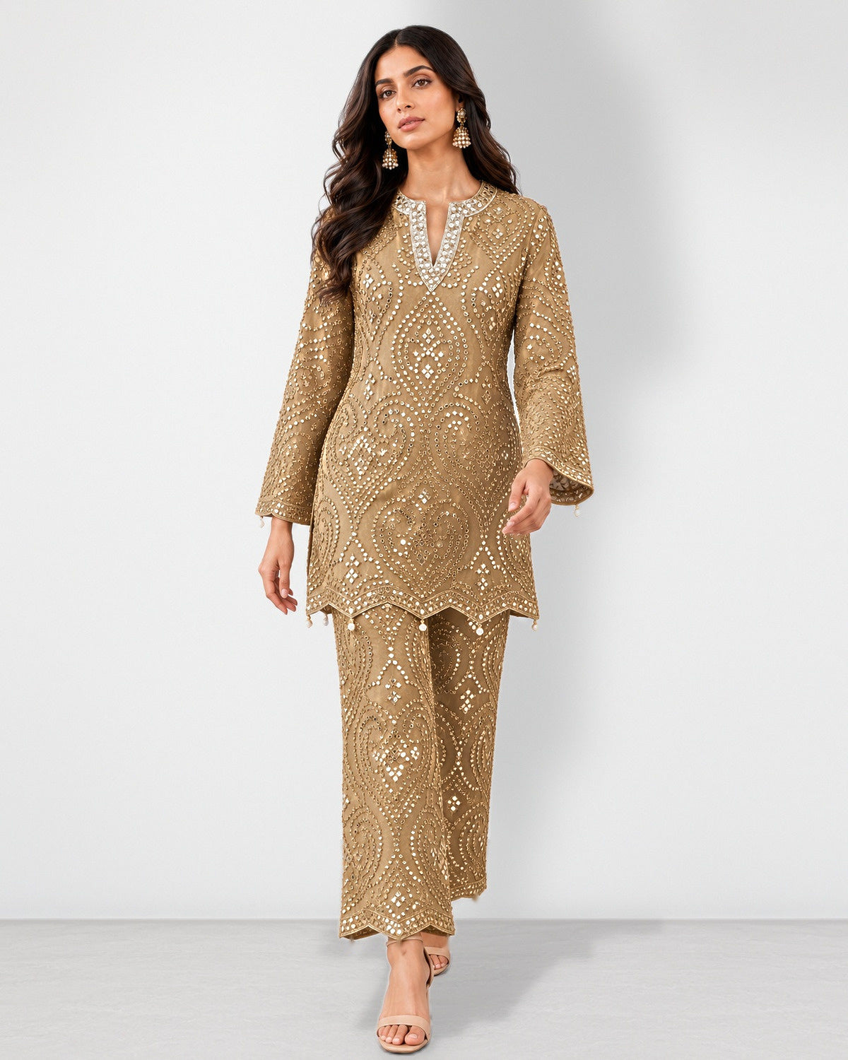 Gold mirror work tunic and wide-leg pant set, Aina Karée