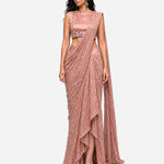 Rose pink mirror work pre-draped saree with satin blouse, Aina Karée